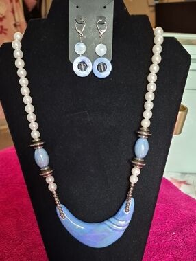 Blue Crescent Pendant Pearl Necklace